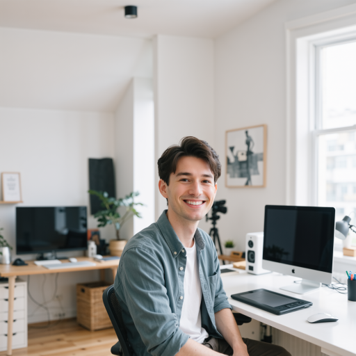 互联网创业者头像,三十岁左右男性,穿休闲衬衫,背景办公室环境,自然光线